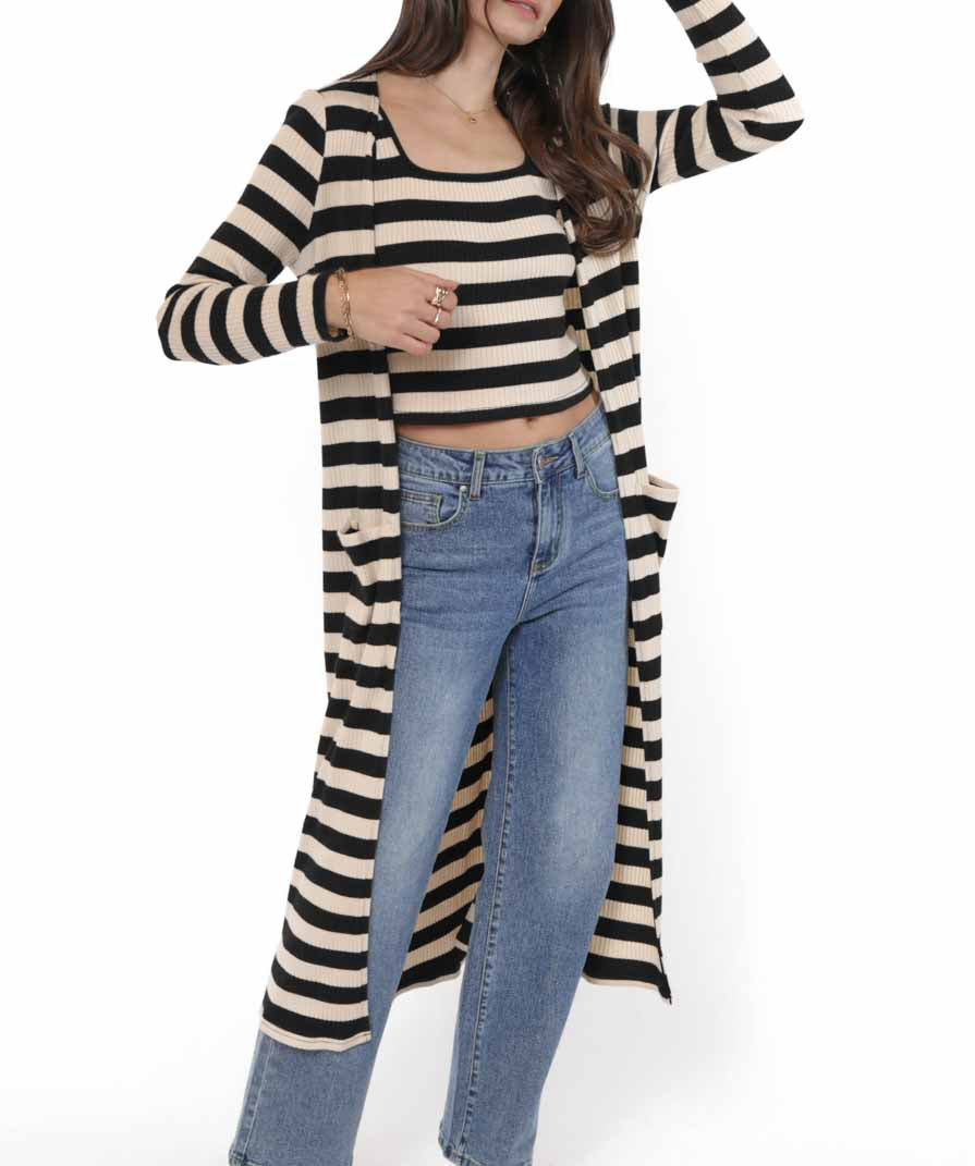 Soul Sisters Striped Long Cardigan - Black/Ivory