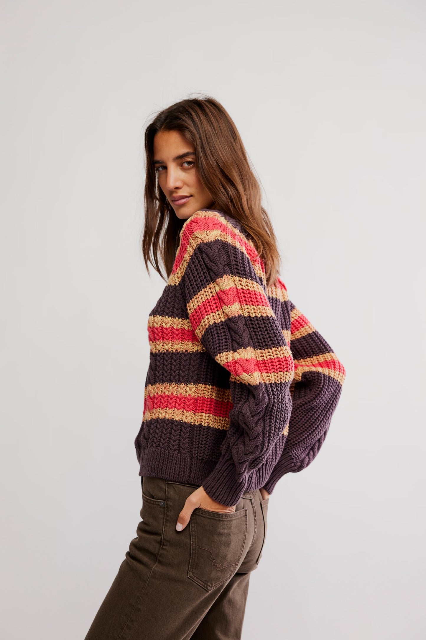 Frankie Cable Striped Pullover - Chocolate Combo