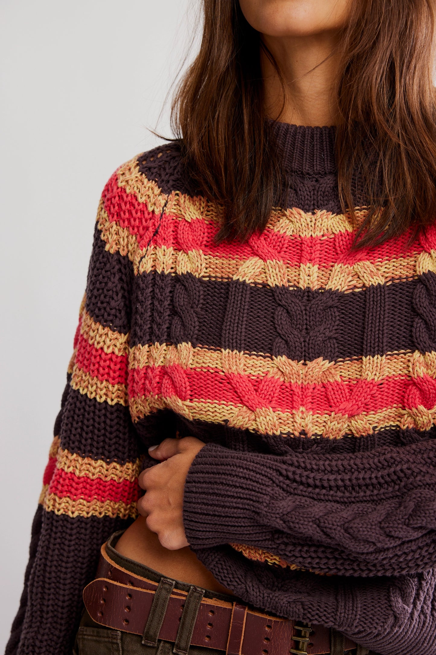 Frankie Cable Striped Pullover - Chocolate Combo