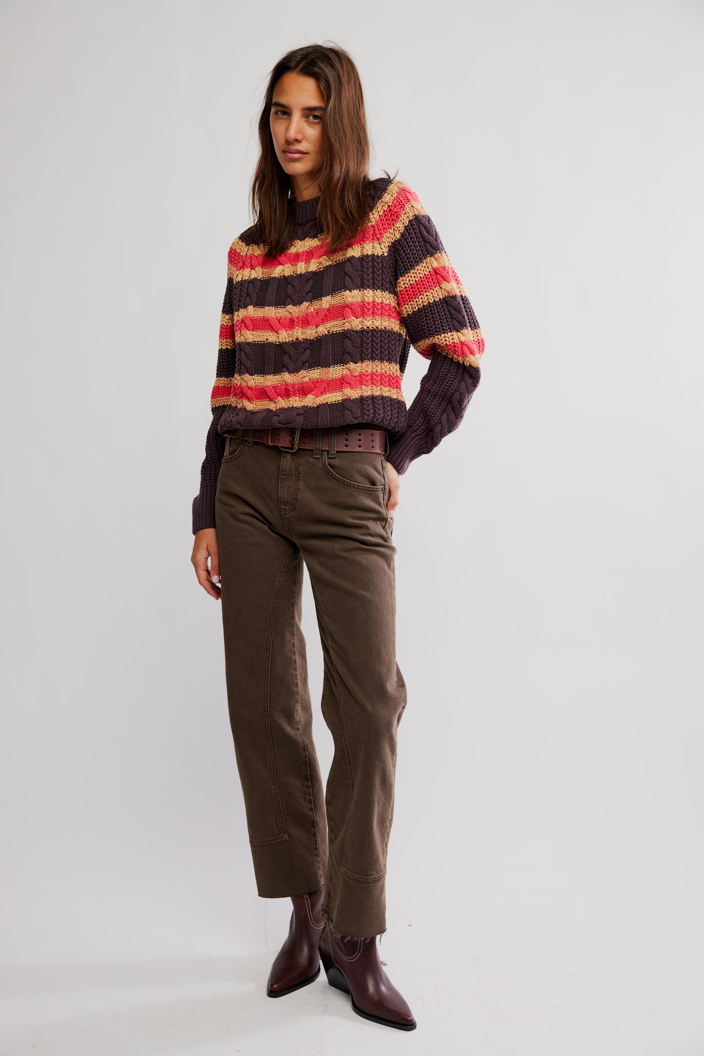 Frankie Cable Striped Pullover - Chocolate Combo