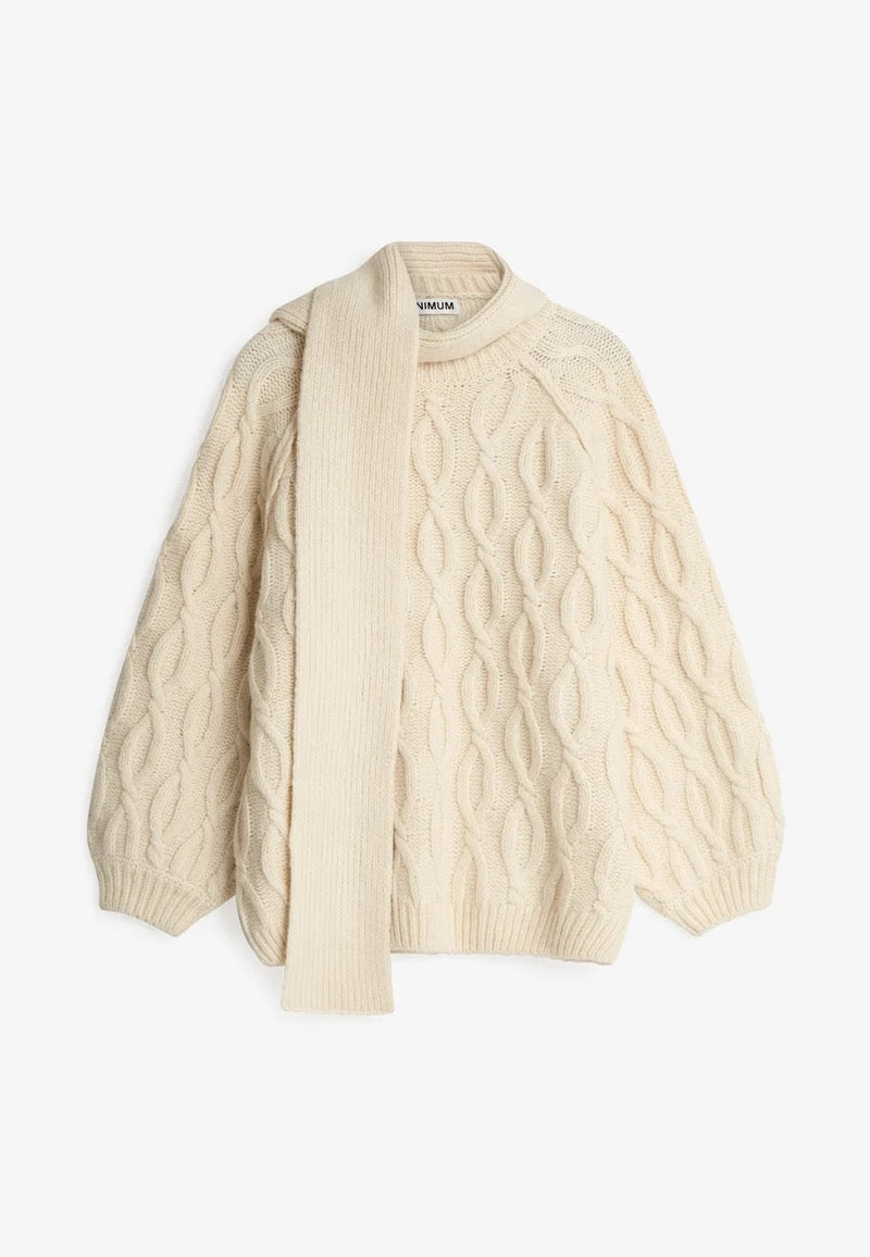 Rita Cable Knit Sweater with Scarf - Putty