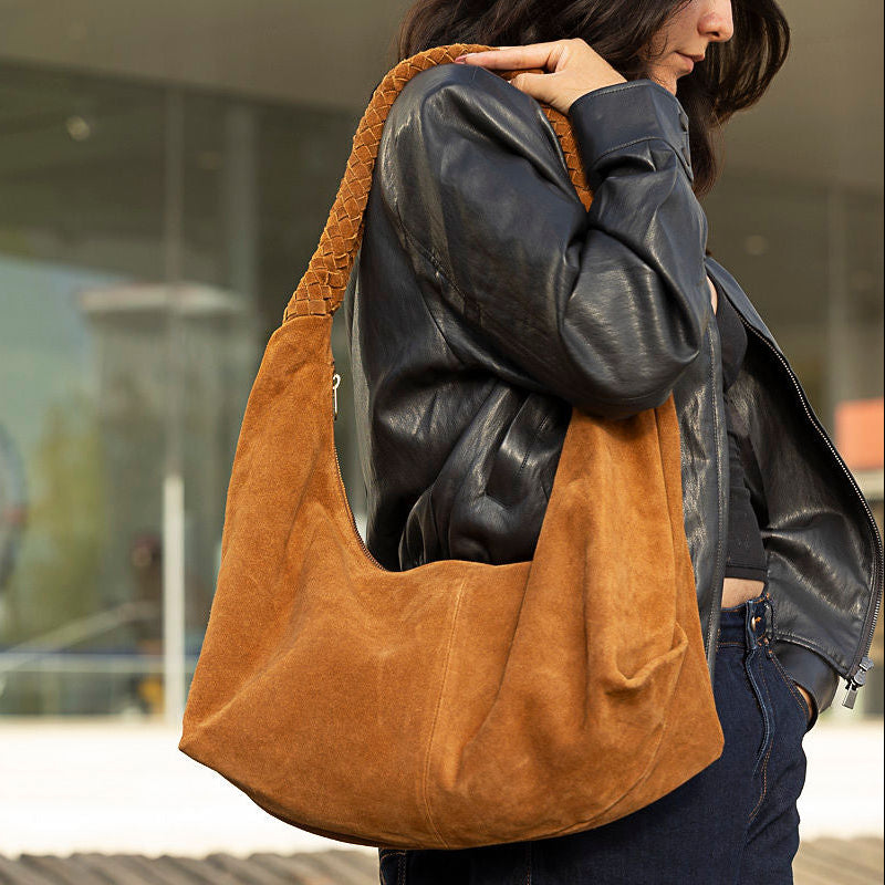 Kate Weave Suede Slouchy Bag - Light Brown
