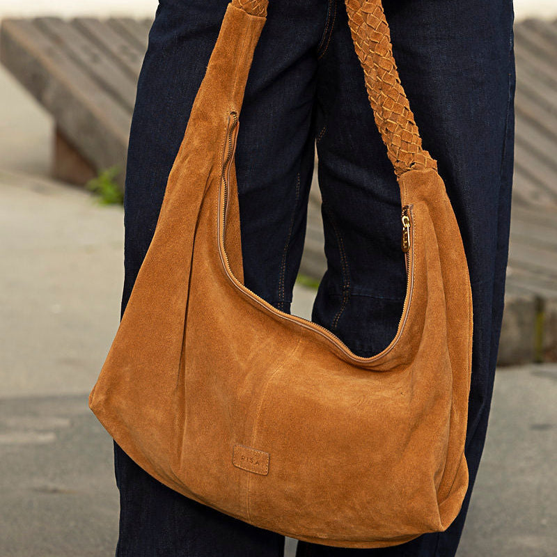 Kate Weave Suede Slouchy Bag - Light Brown