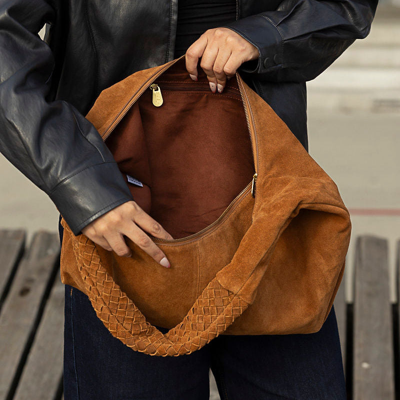 Kate Weave Suede Slouchy Bag - Light Brown