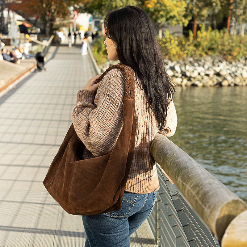 Kate Weave Suede Slouchy Bag - Chocolate Brown