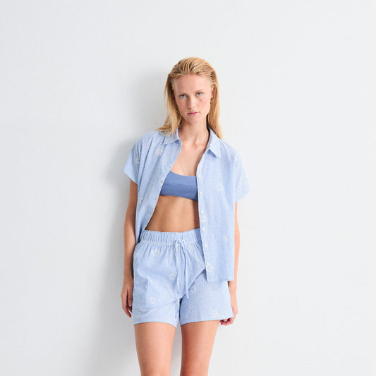 Embroidered Stripe Short Sleeve Shirt