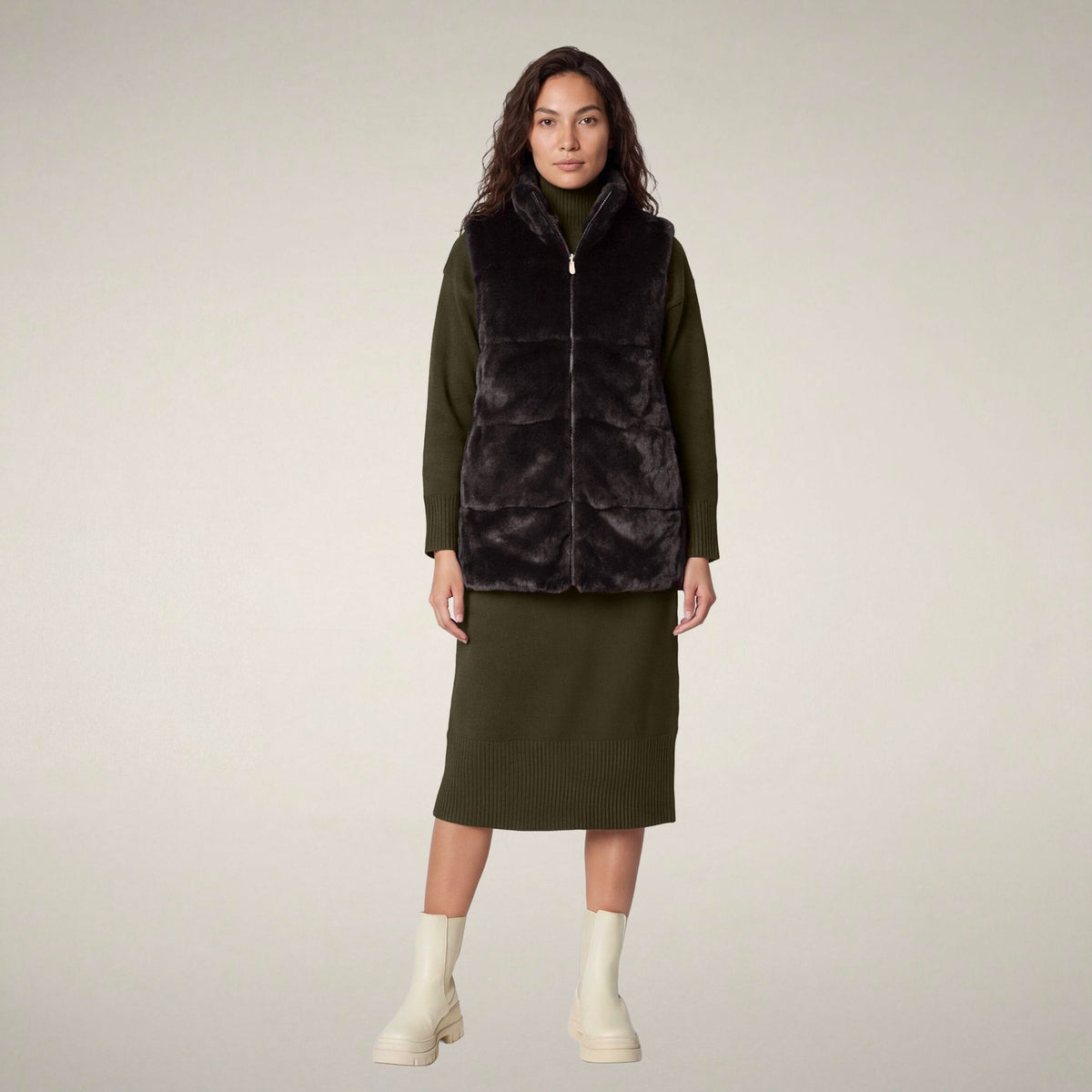 Nives Reversible Faux Fur Puffer Vest - Brown Black