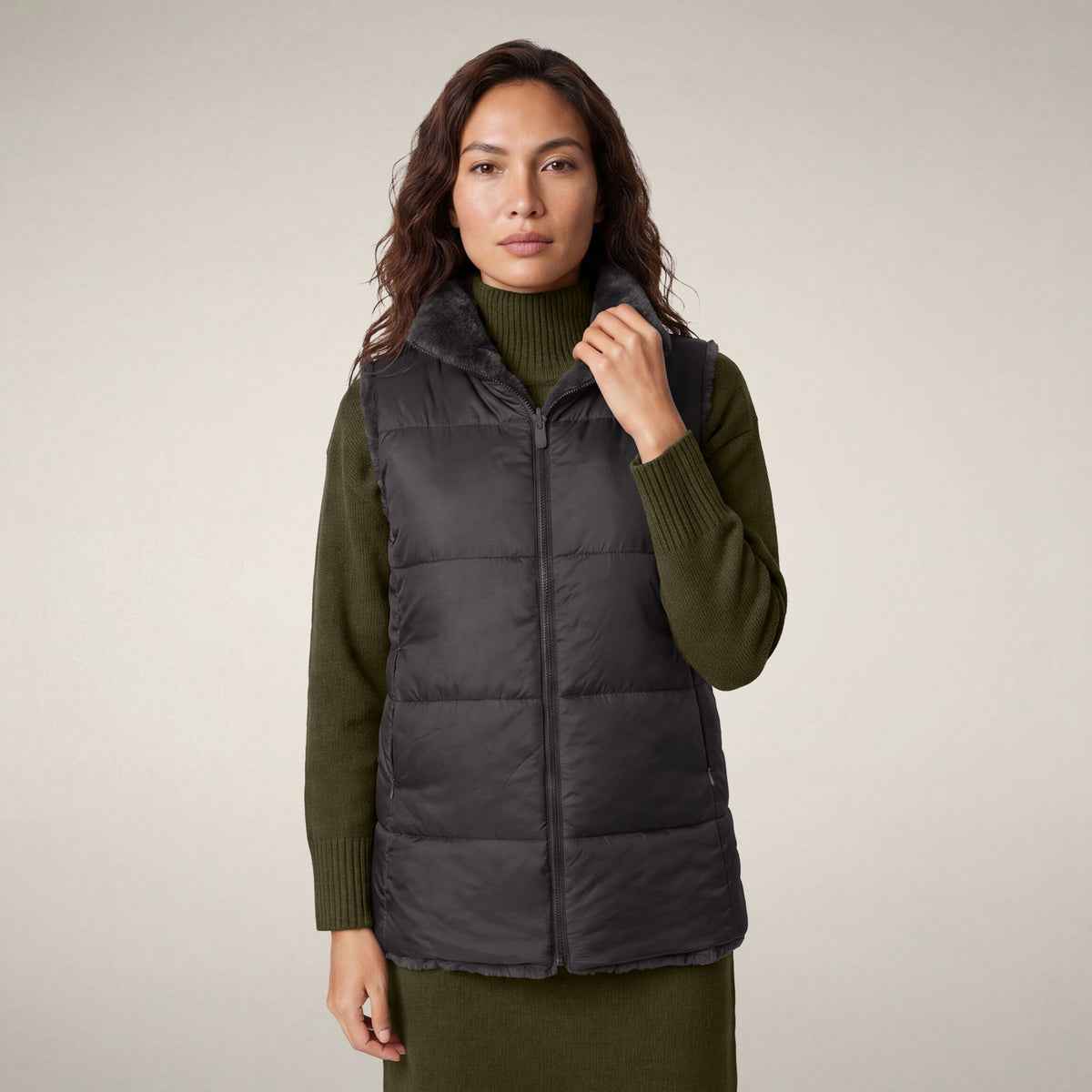 Nives Reversible Faux Fur Puffer Vest - Brown Black