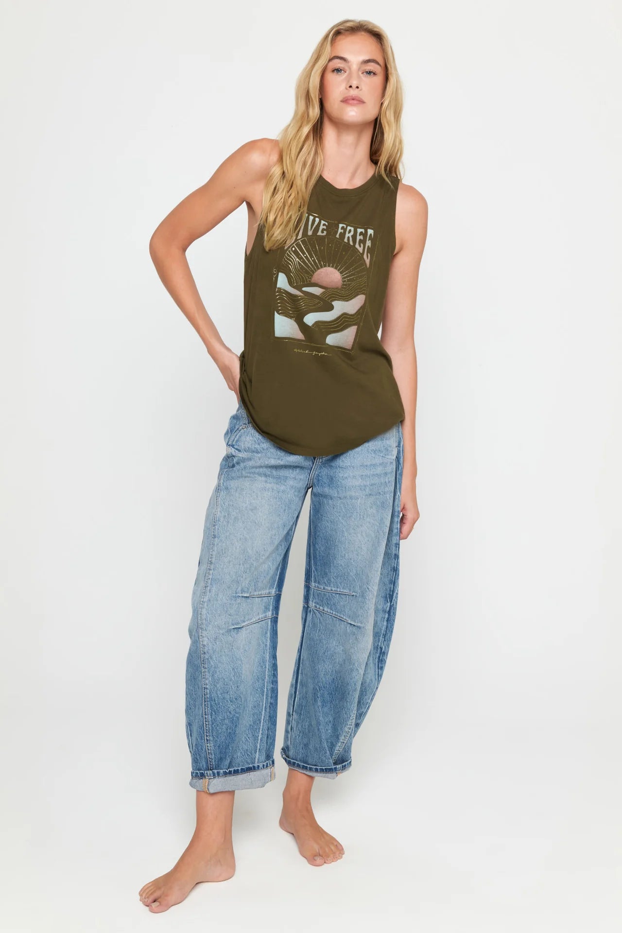 Live Free Jade Muscle Tank - Spruce