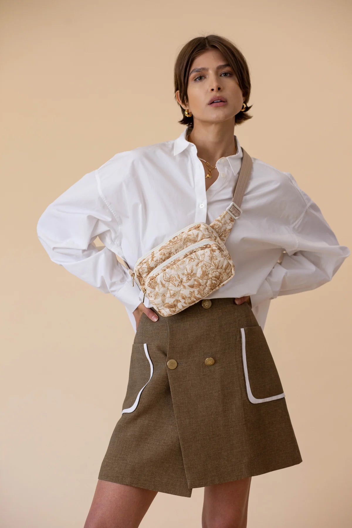Quilted Double Pocket Belt Bag - Toile