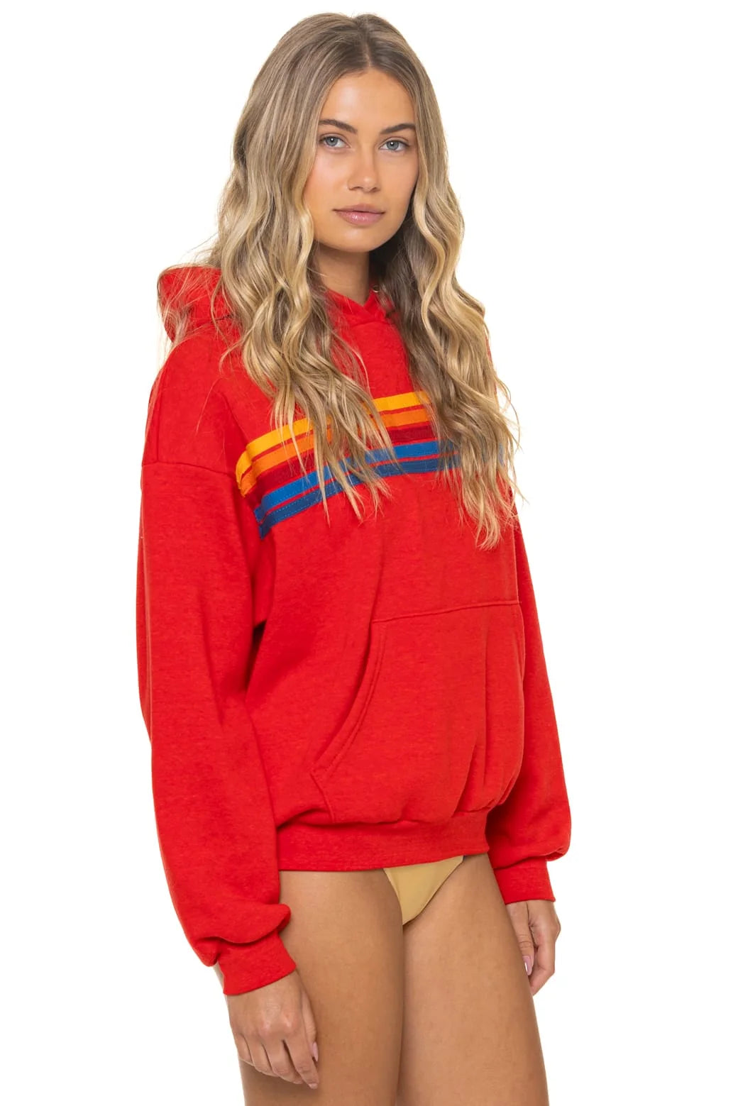 5 Stripe Pullover Relaxed Hoodie - Red