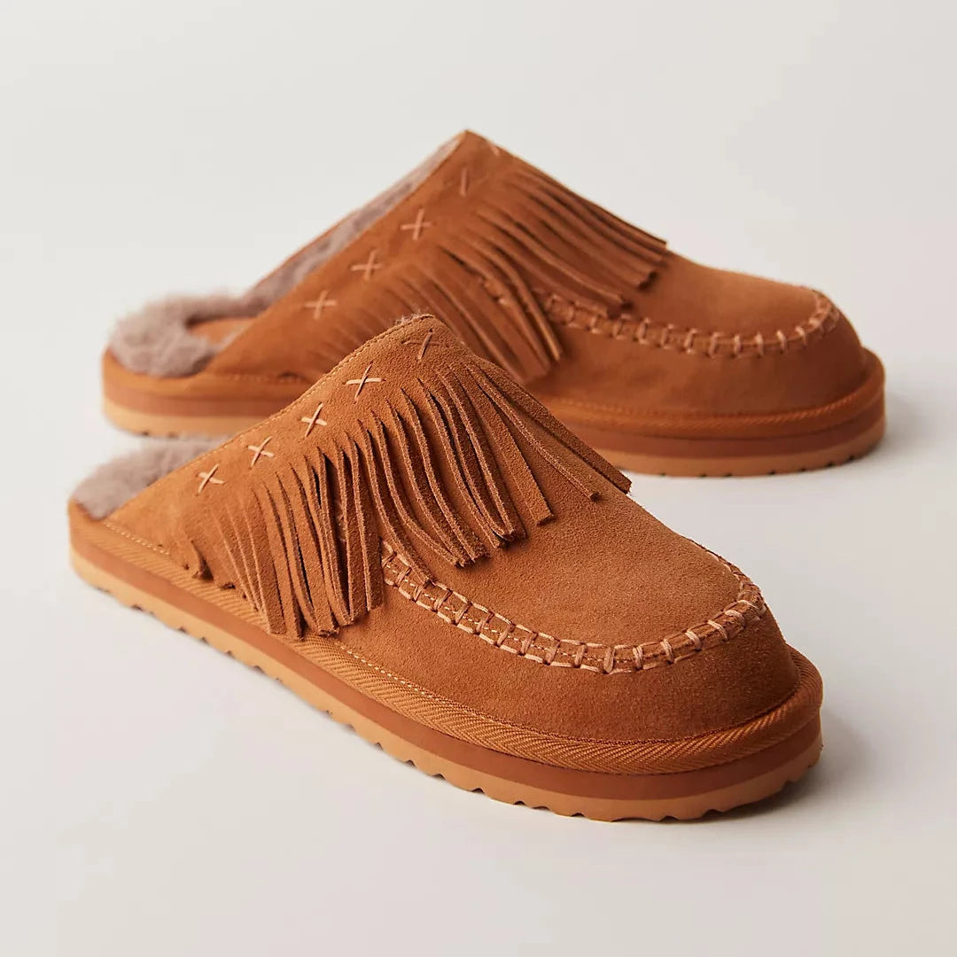 Fallon Fringe Mules - Toffee Suede