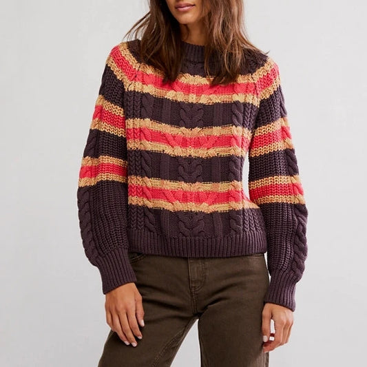 Frankie Cable Striped Pullover - Chocolate Combo