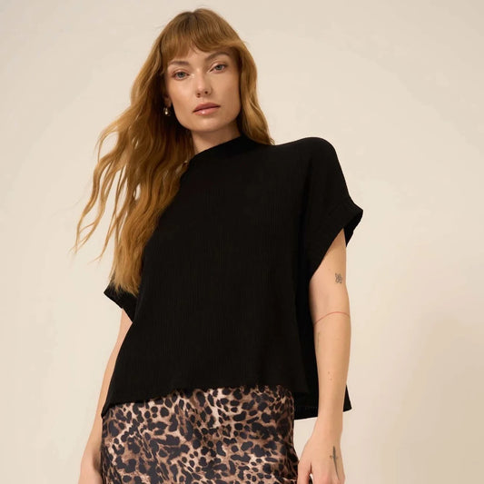 Everly Mixed Rib Tee - Black
