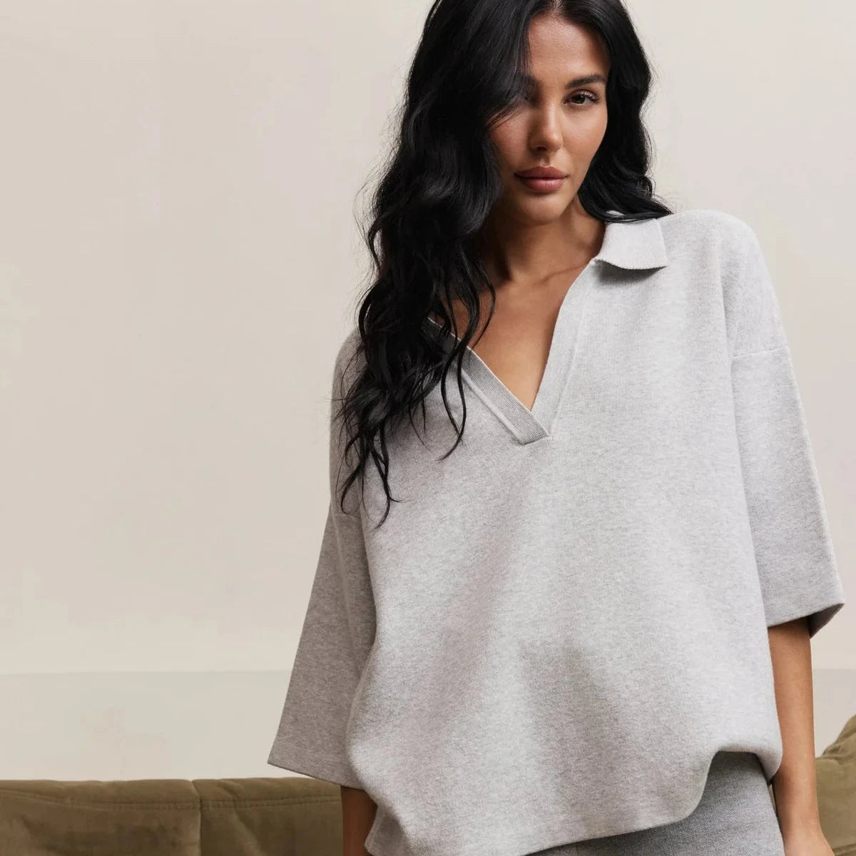 Olly V Neck Top - Grey Melange