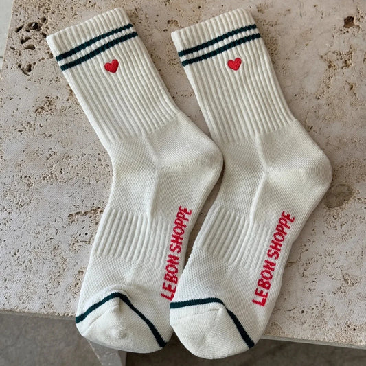 Embroidered Boyfriend Socks - Parchment