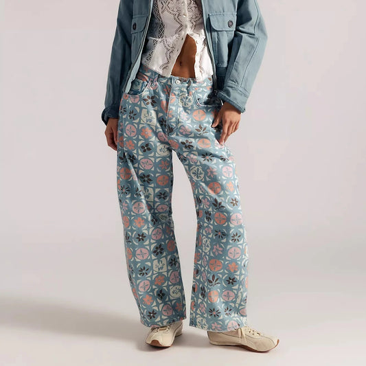 Good Luck Mid-Rise Barrel Jeans - Ditsy Block