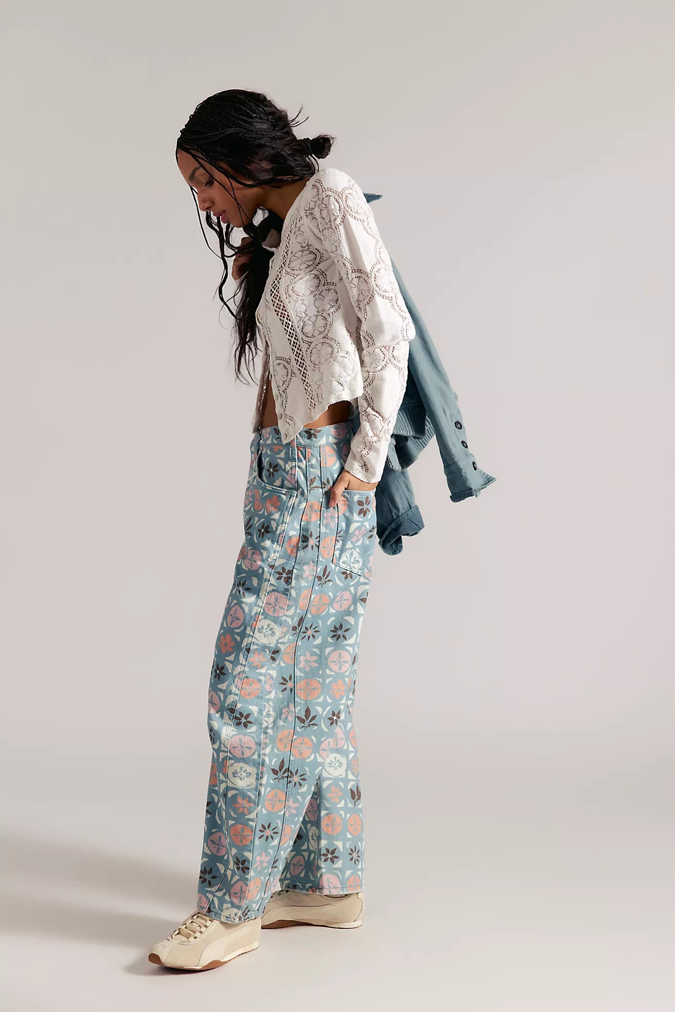 Good Luck Mid-Rise Barrel Jeans - Ditsy Block