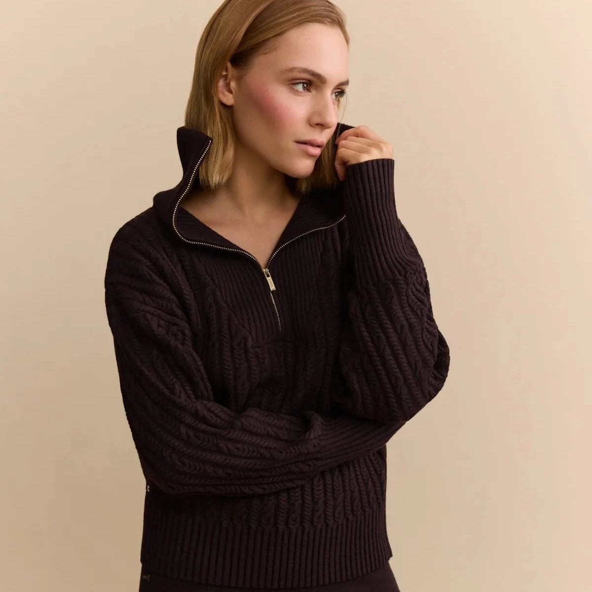 Olly Cable Knit Half Zip - Dark Espresso