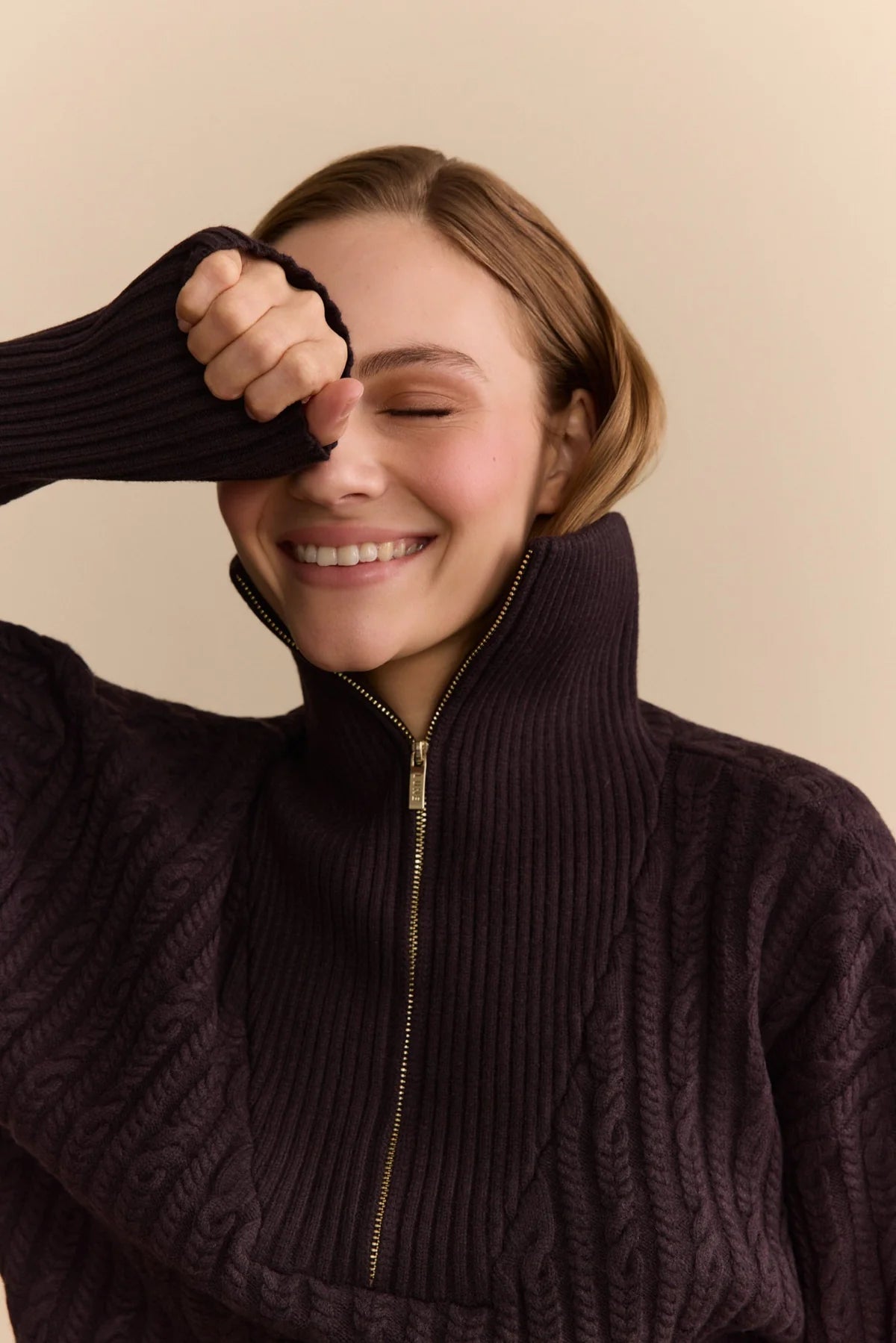 Olly Cable Knit Half Zip - Dark Espresso