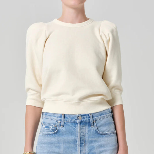 Pleated Short Sleeve Crew - Cream