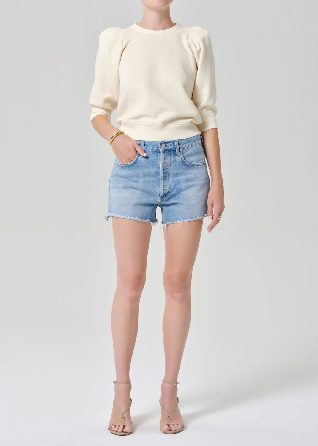 Pleated Short Sleeve Crew - Cream