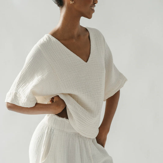 Crinkle V Neck Top - Cream