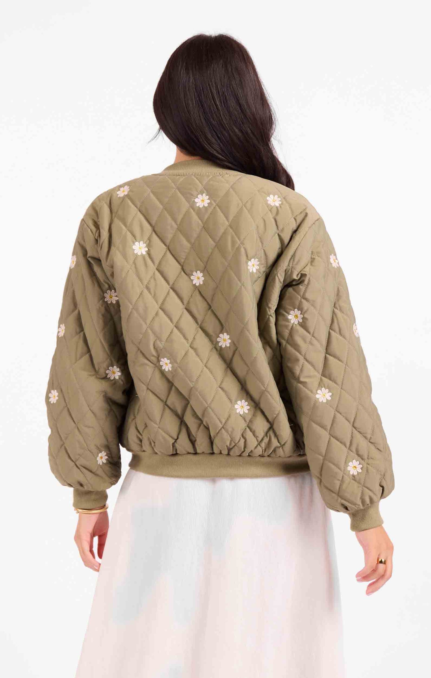 Quilted Embroidered Jacket - Olive