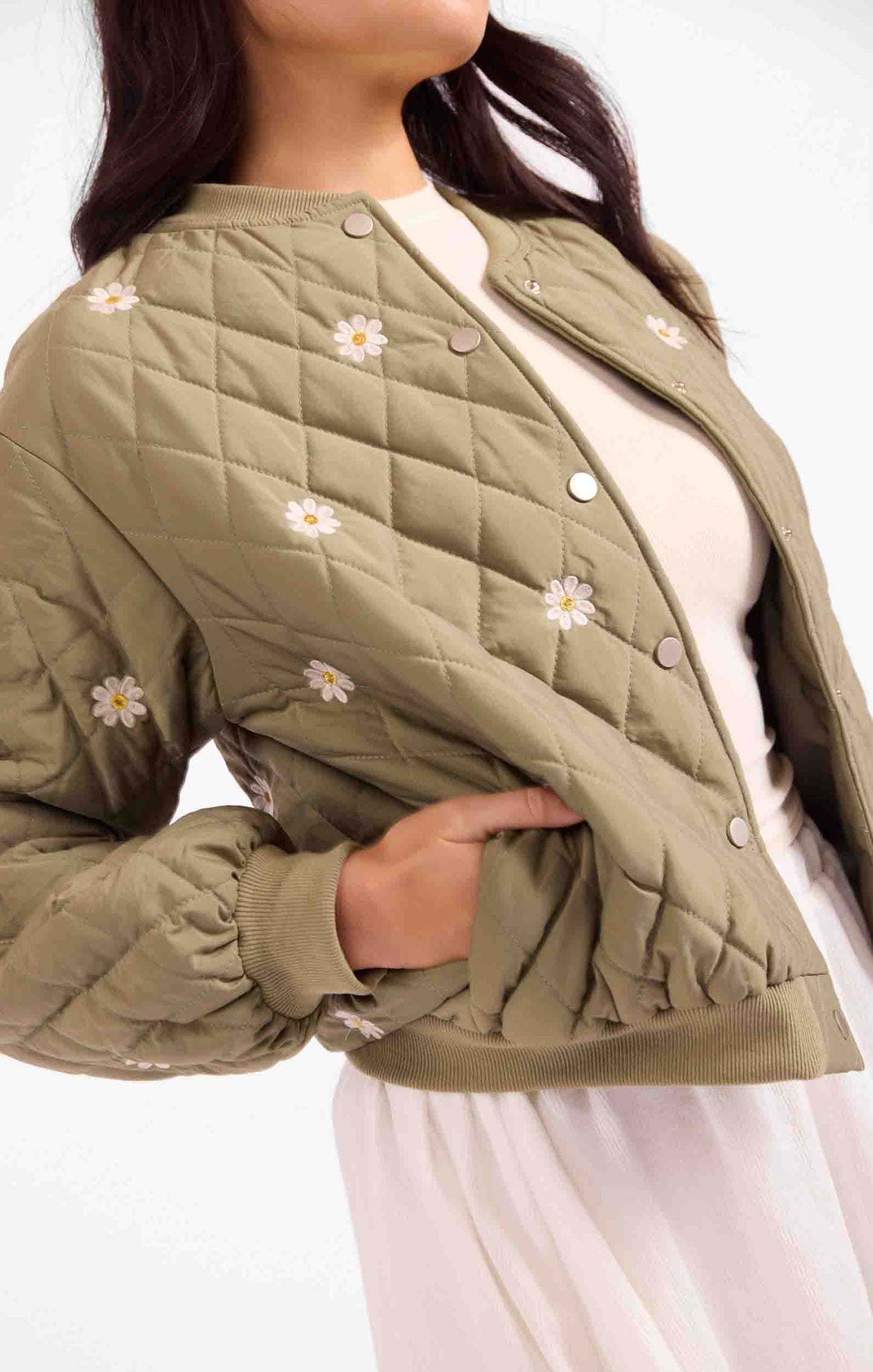 Quilted Embroidered Jacket - Olive