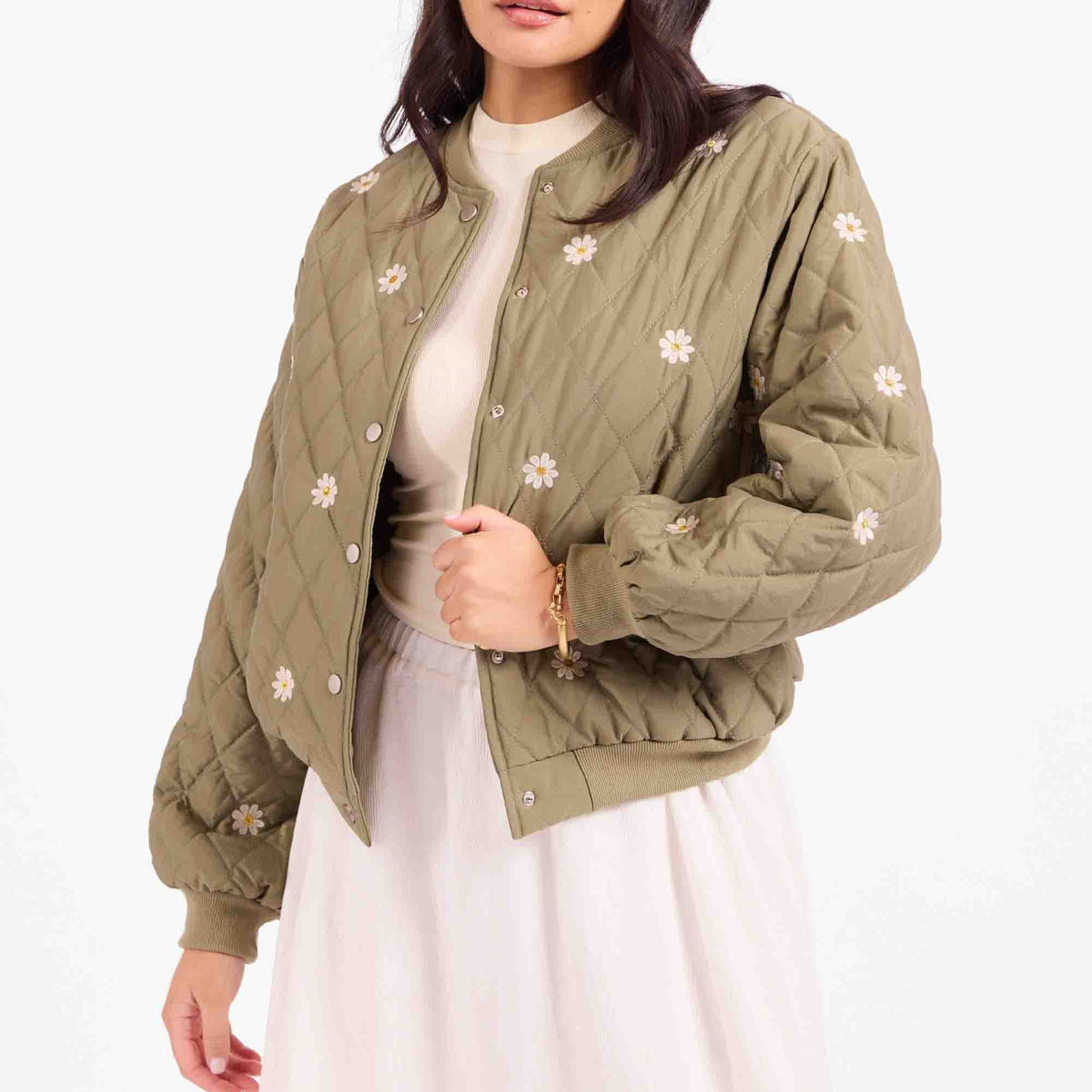 Quilted Embroidered Jacket - Olive