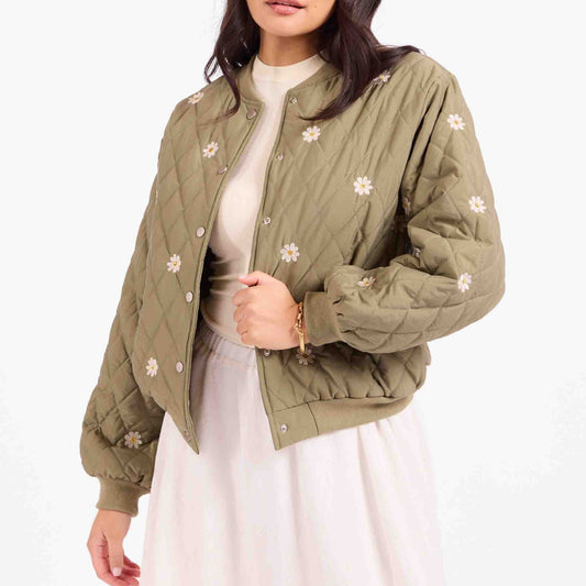 Quilted Embroidered Jacket - Olive