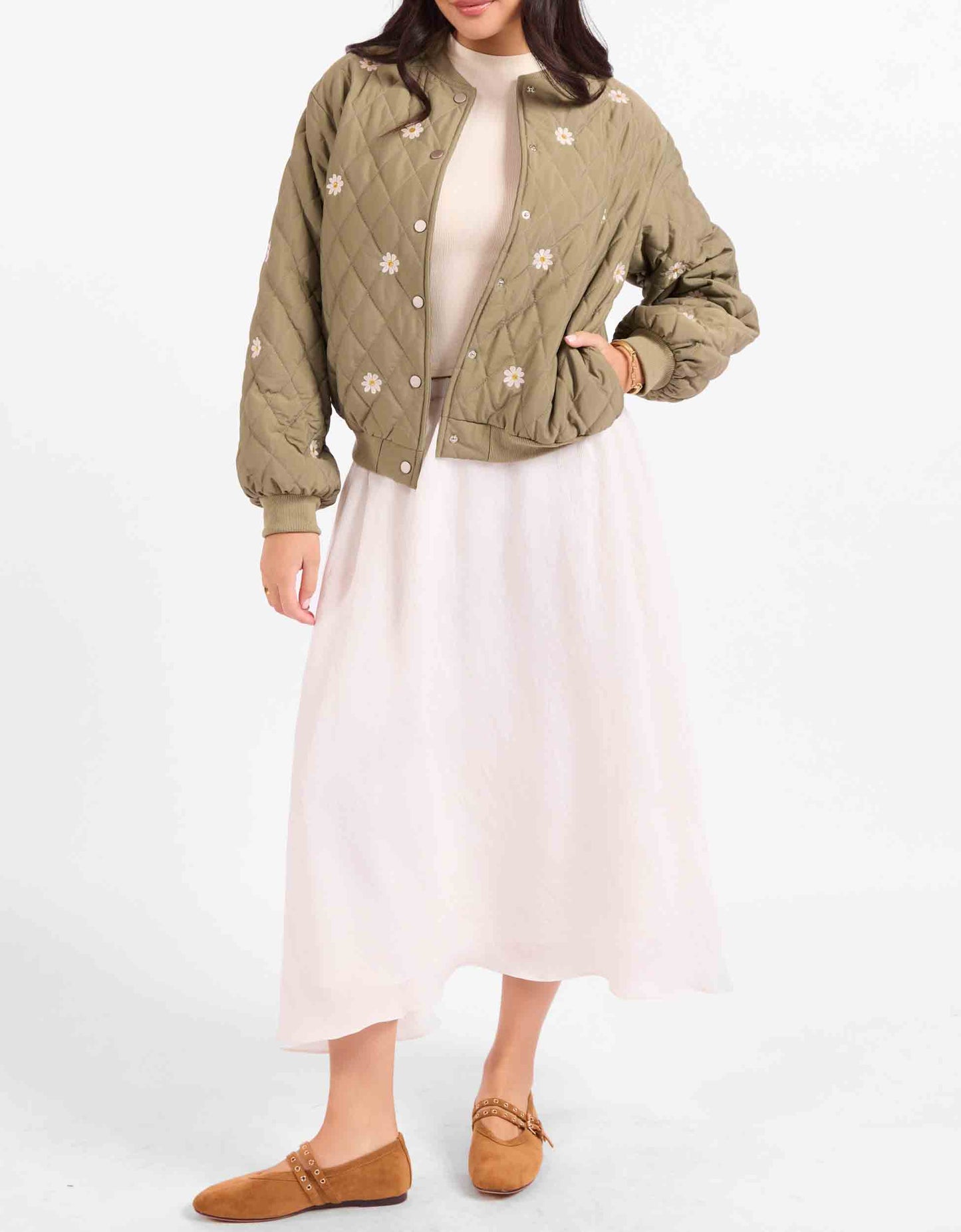 Quilted Embroidered Jacket - Olive