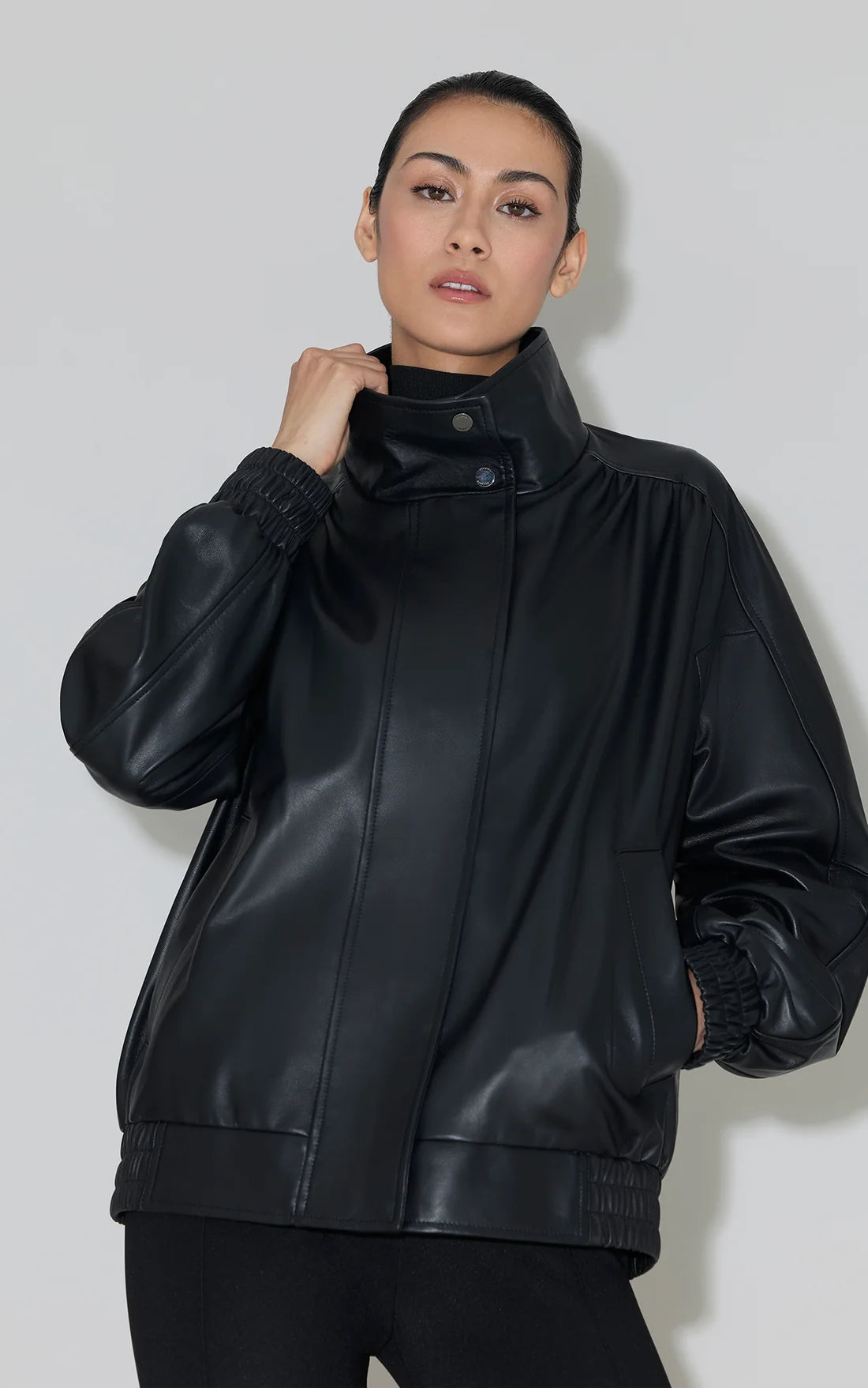 Oversized Leather Bomber - Black