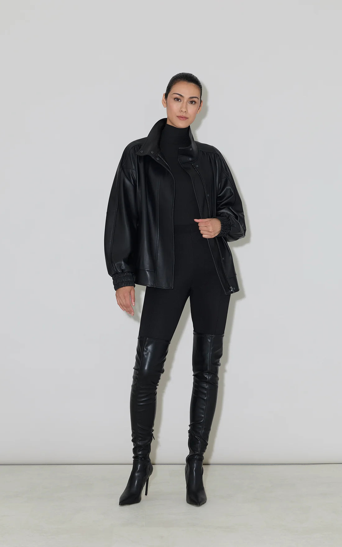 Oversized Leather Bomber - Black