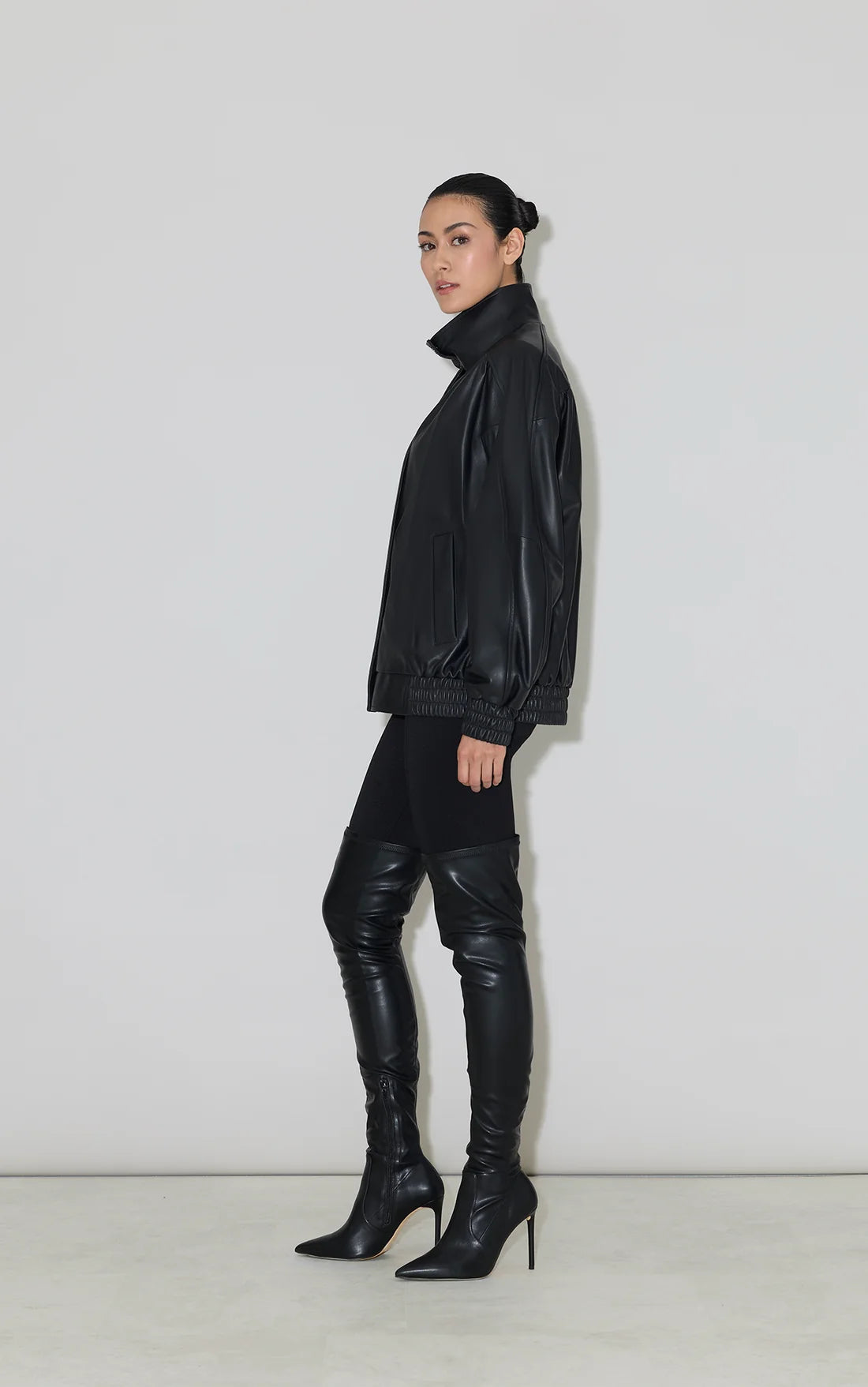 Oversized Leather Bomber - Black