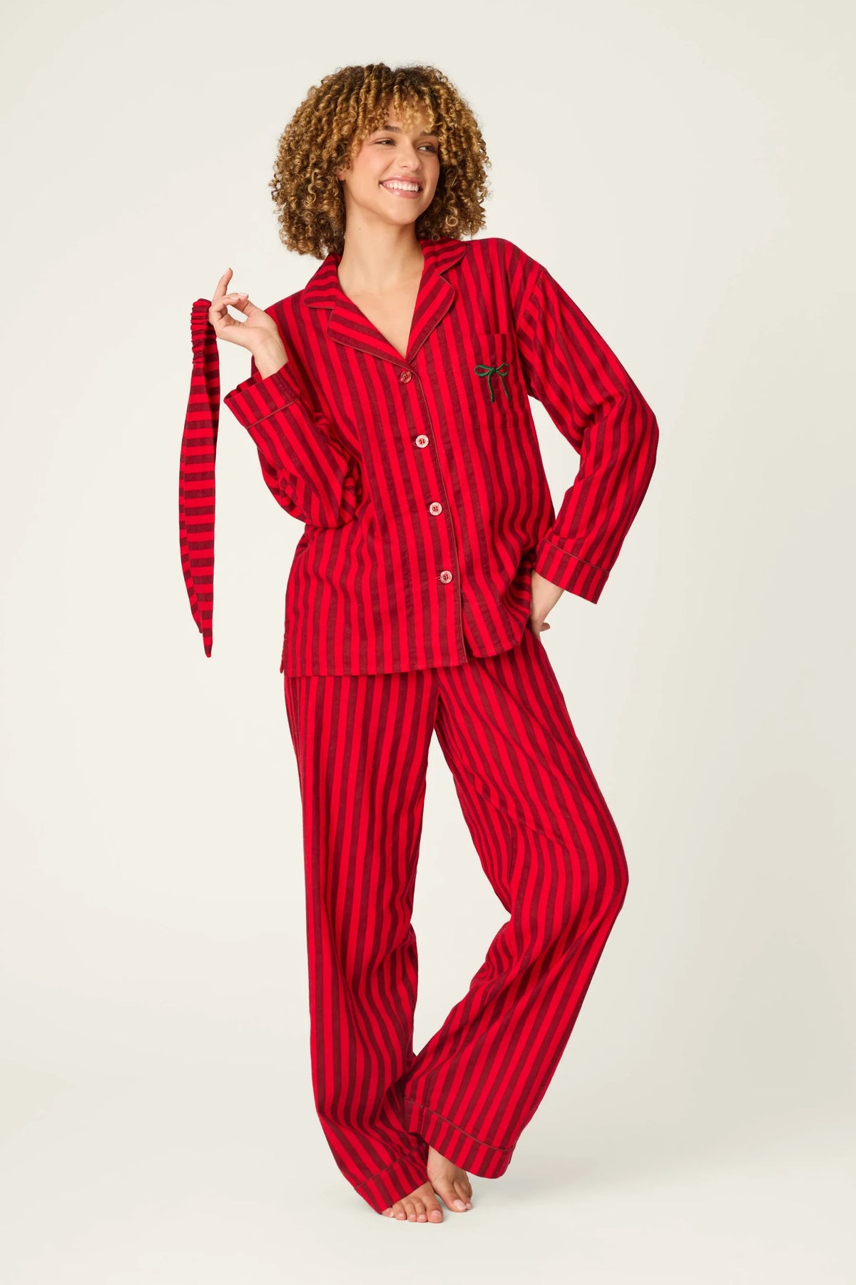 Bow Icon 3-Piece Long Sleeve Flannel PJ Set - Lipstick Red