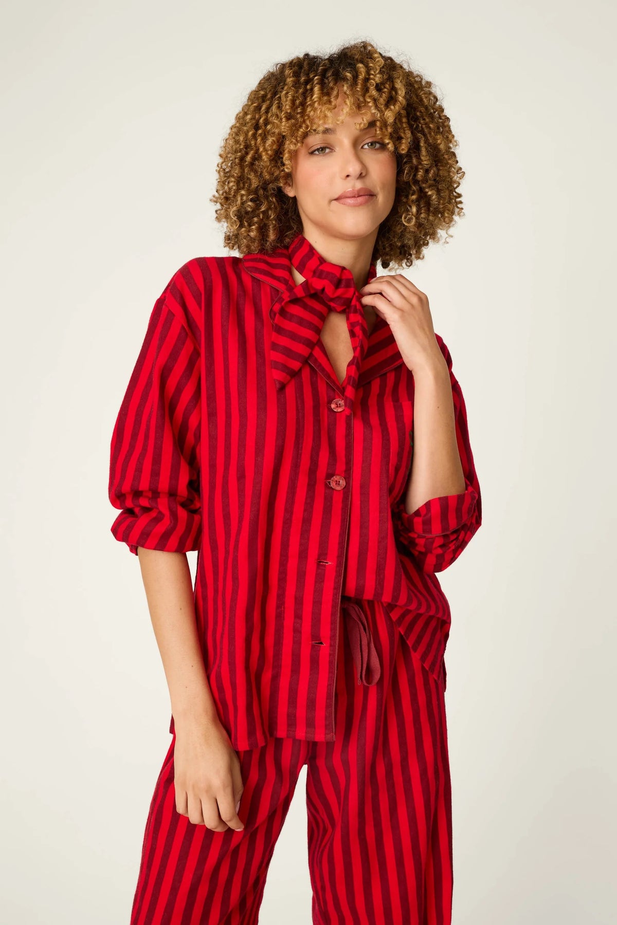 Bow Icon 3-Piece Long Sleeve Flannel PJ Set - Lipstick Red