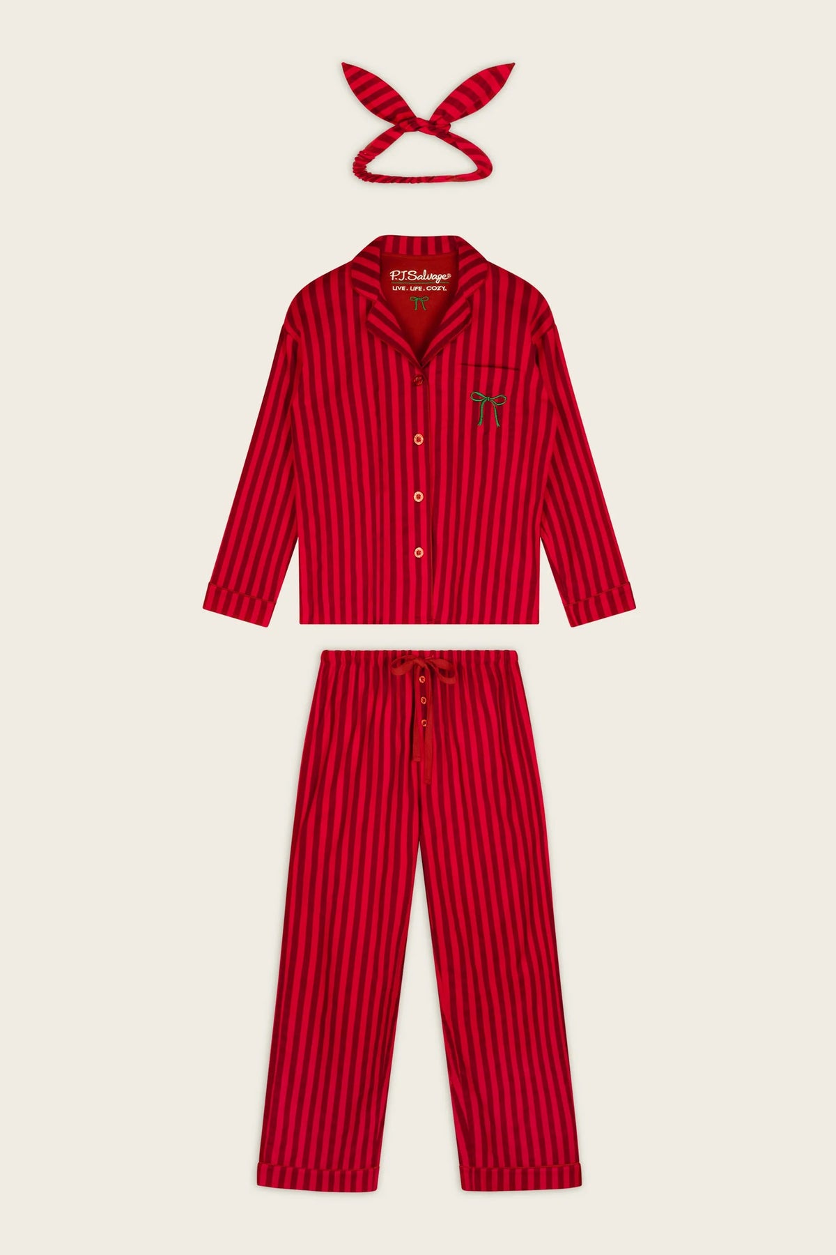 Bow Icon 3-Piece Long Sleeve Flannel PJ Set - Lipstick Red