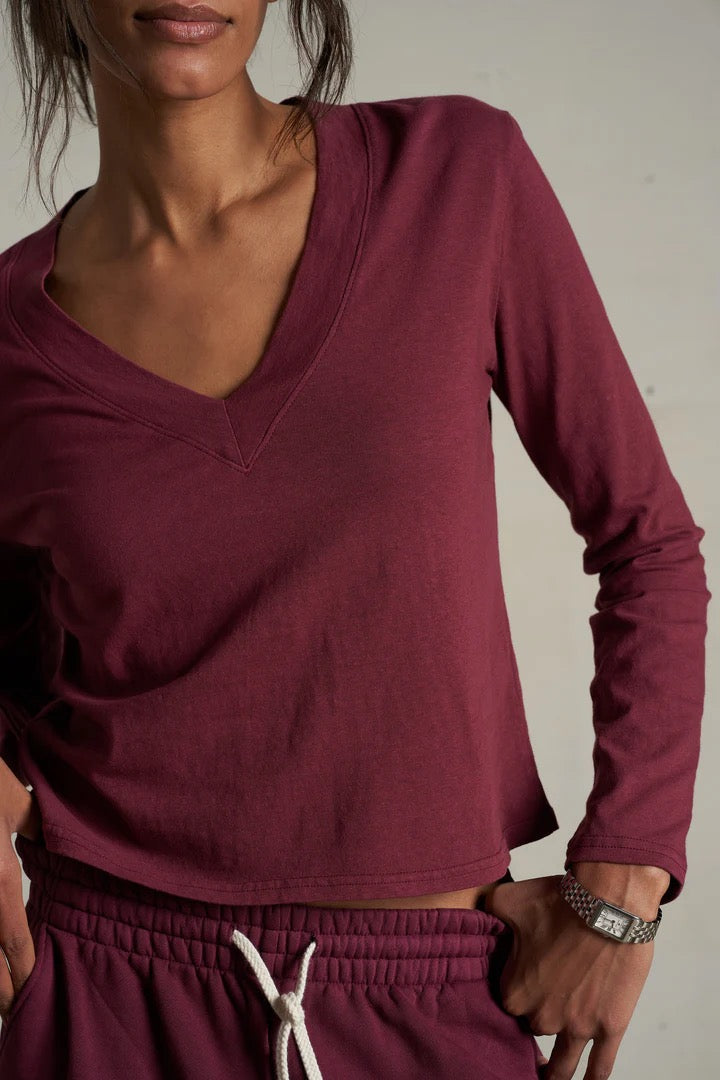 Fiona V neck Tee - Dark Burgundy