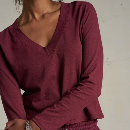 Fiona V neck Tee - Dark Burgundy