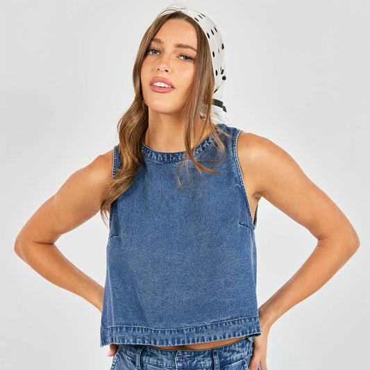It's Pouring Sleeveless Top - Dark Chambray