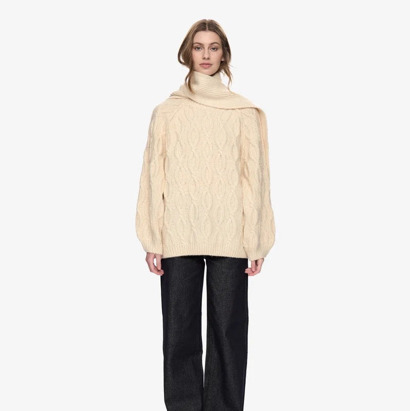 Rita Cable Knit Sweater with Scarf - Putty