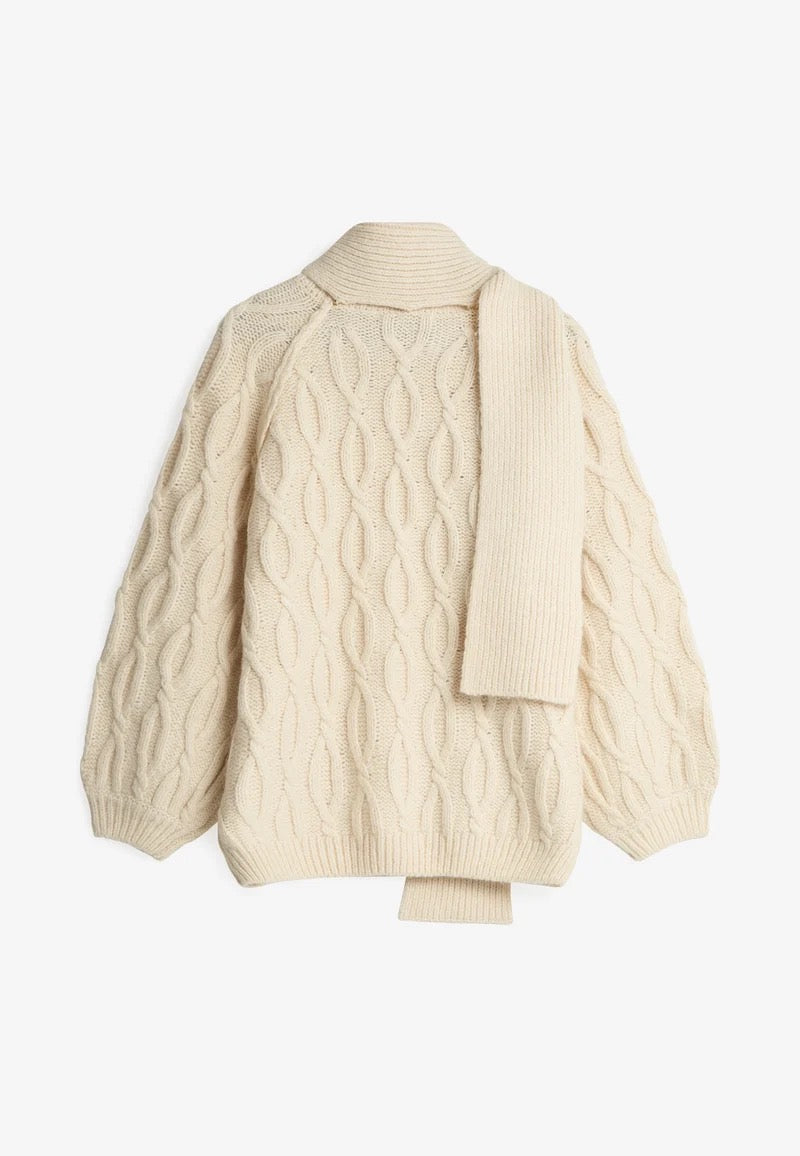 Rita Cable Knit Sweater with Scarf - Putty