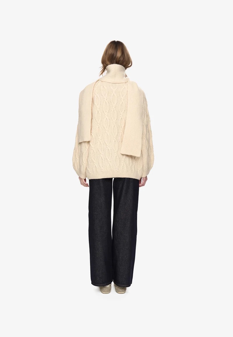 Rita Cable Knit Sweater with Scarf - Putty