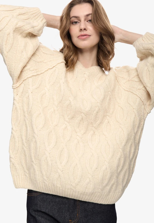 Rita Cable Knit Sweater with Scarf - Putty