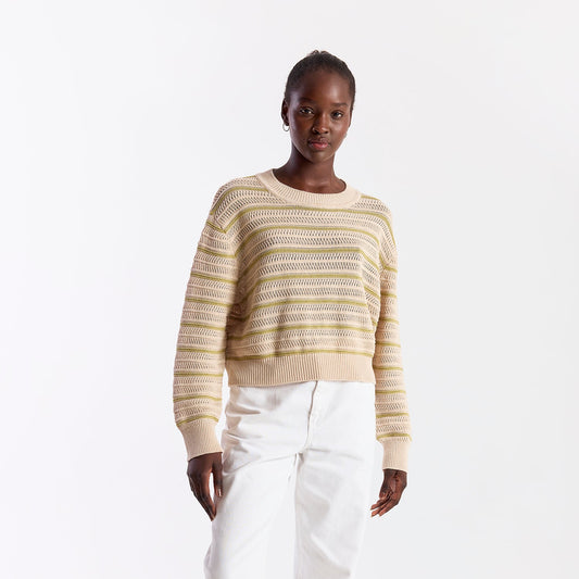 Stripe Mix Stitch Crew Top - Calico/Olive Oil