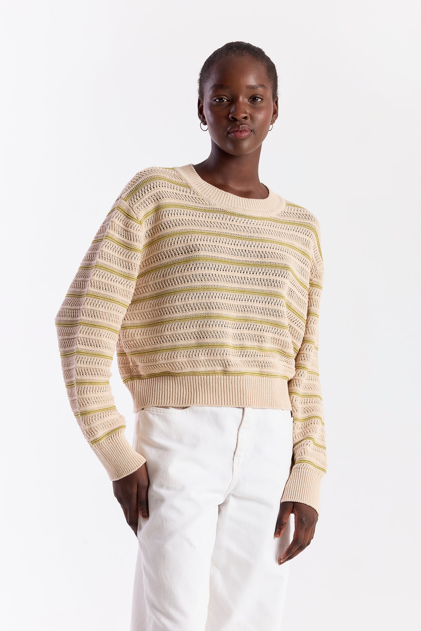 Stripe Mix Stitch Crew Top - Calico/Olive Oil