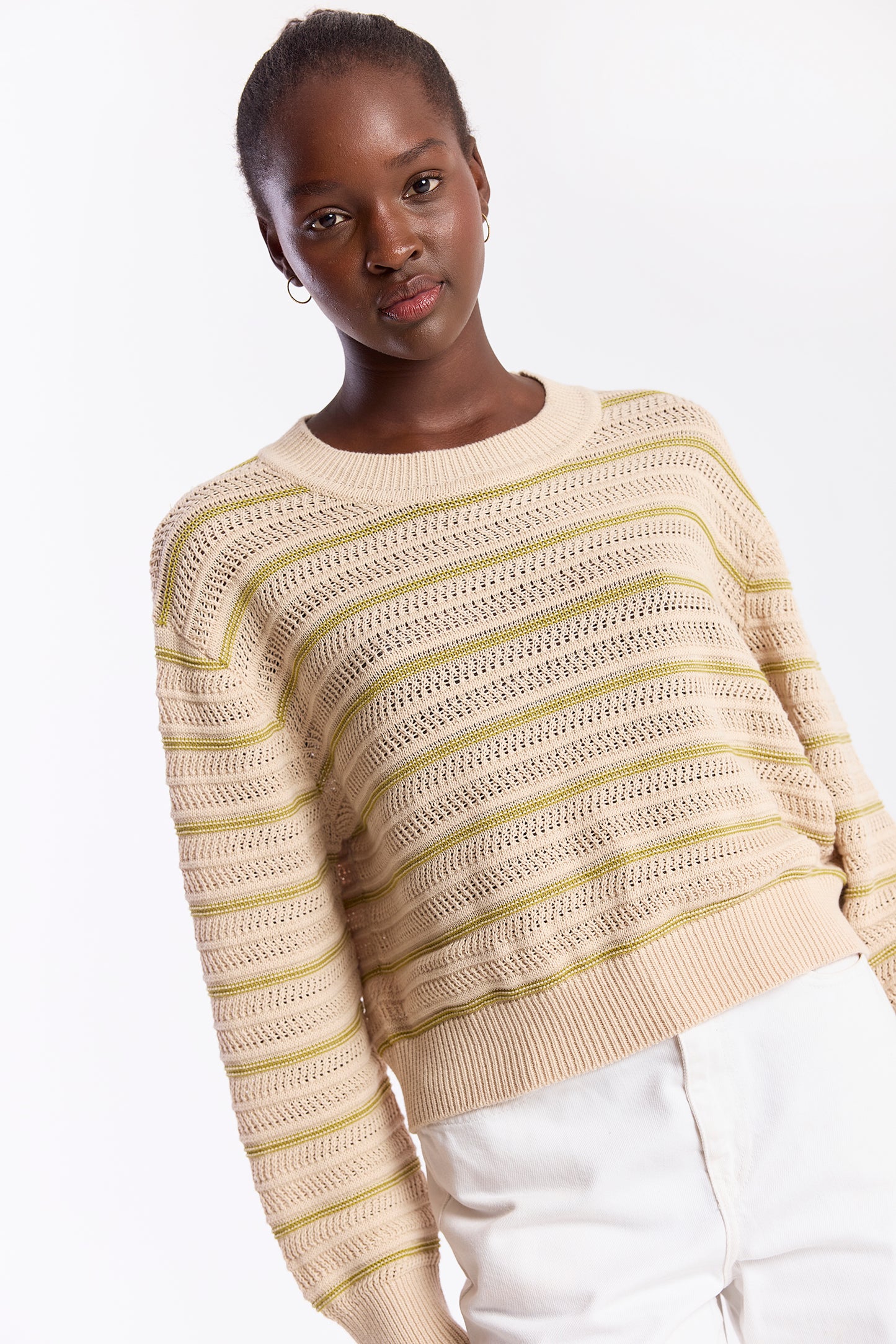 Stripe Mix Stitch Crew Top - Calico/Olive Oil
