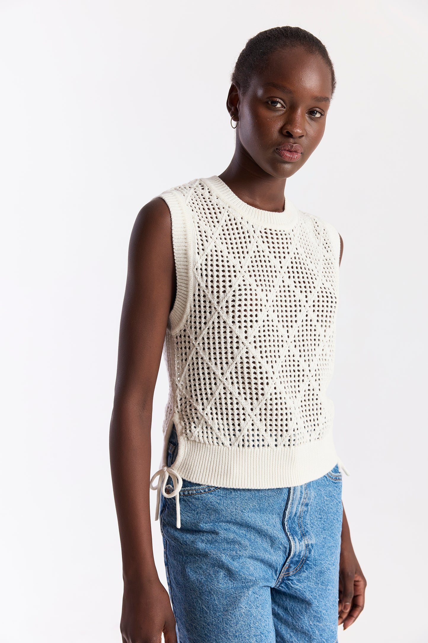 Tie Detail Diamond Vest - Ivory