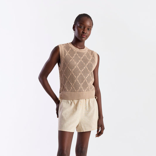 Tie Detail Diamond Vest - Light Brown